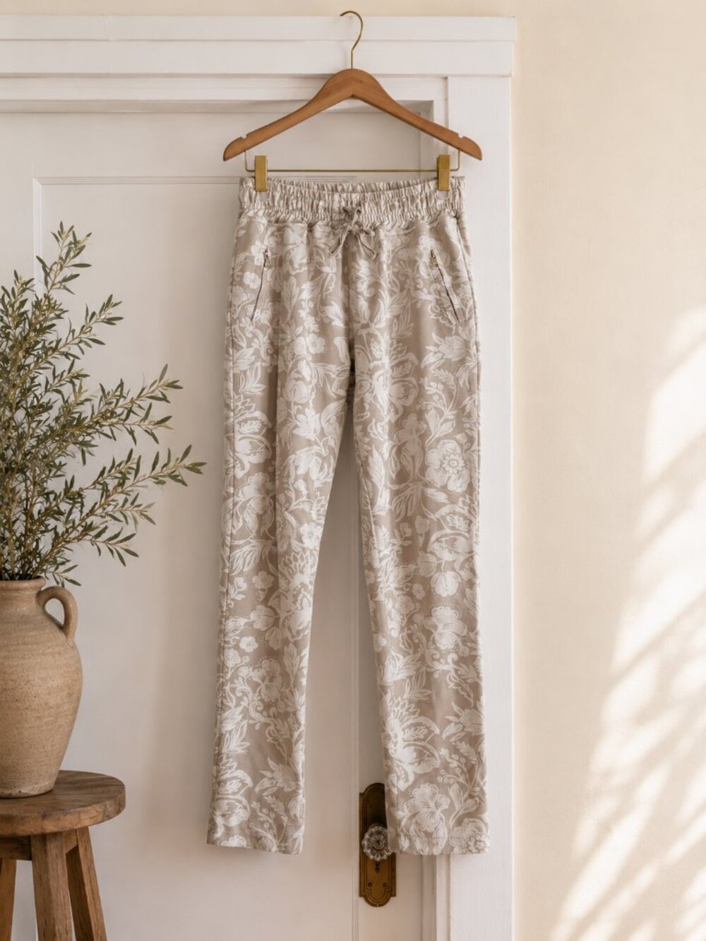 Nostalgia Cream Elastic Waistband Pants with Subtle Floral Detail